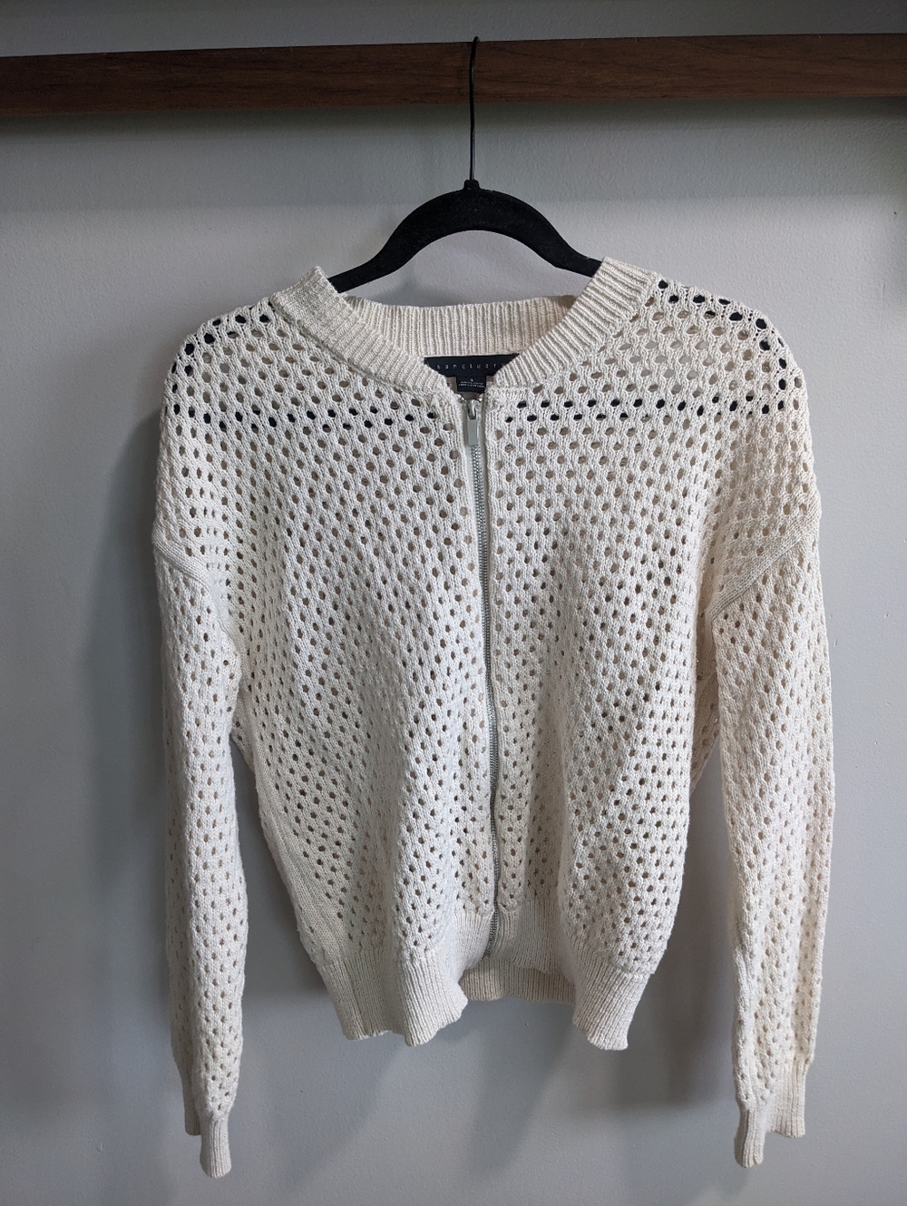 Sanctuary Ivory Stepping Out Cotton Crochet Knit Zip Up Bomber Jacket Size Small
